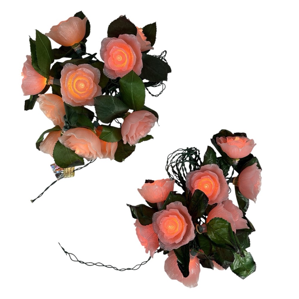 2 Vintage Christmas String Light Sets of 10 Wedding Pink Rose Decor Floral Works - Picture 3 of 4